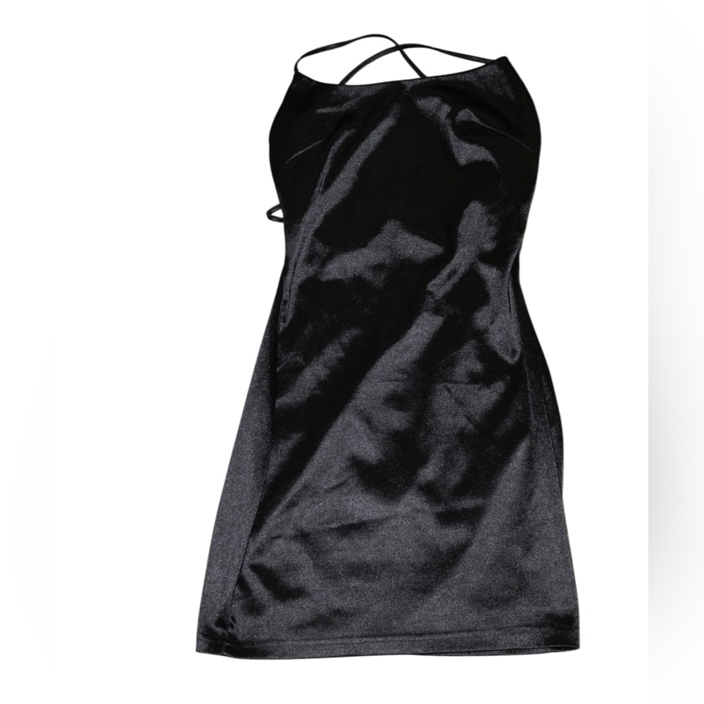 Black Satin Mini Dress Criss Cross Open Back Small | Y2K Party Club Dress
